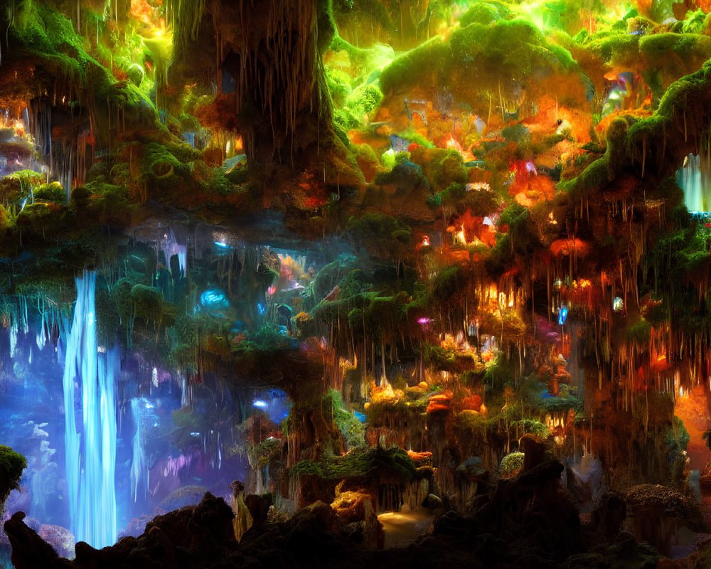 Fantastical underground cave with glowing flora and waterfall