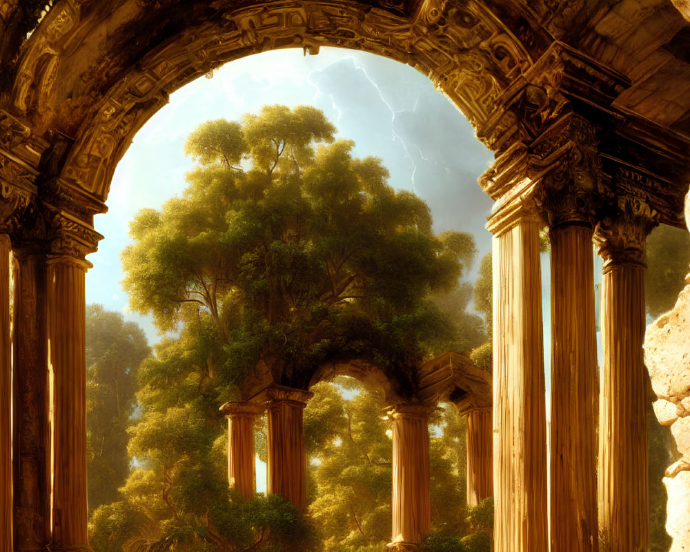 Stone archway frames lush greenery and distant lightning in serene view.
