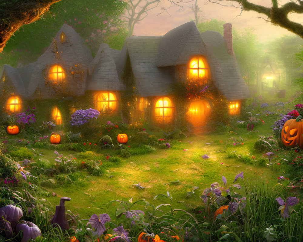 Enchanting twilight scene of thatched-roof cottages and pumpkins