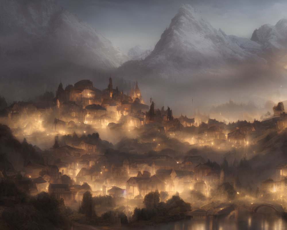 Misty mountain landscape with medieval village and tranquil river at dawn or dusk