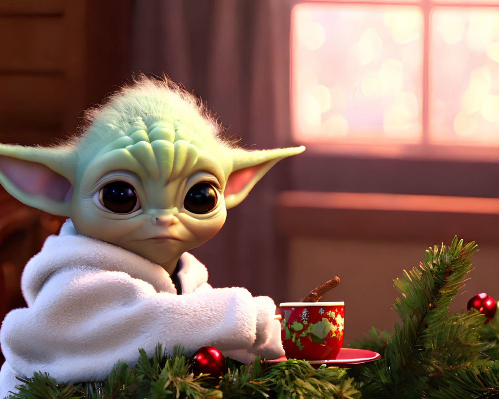 Adorable Baby Yoda with cookie and mug in festive setting