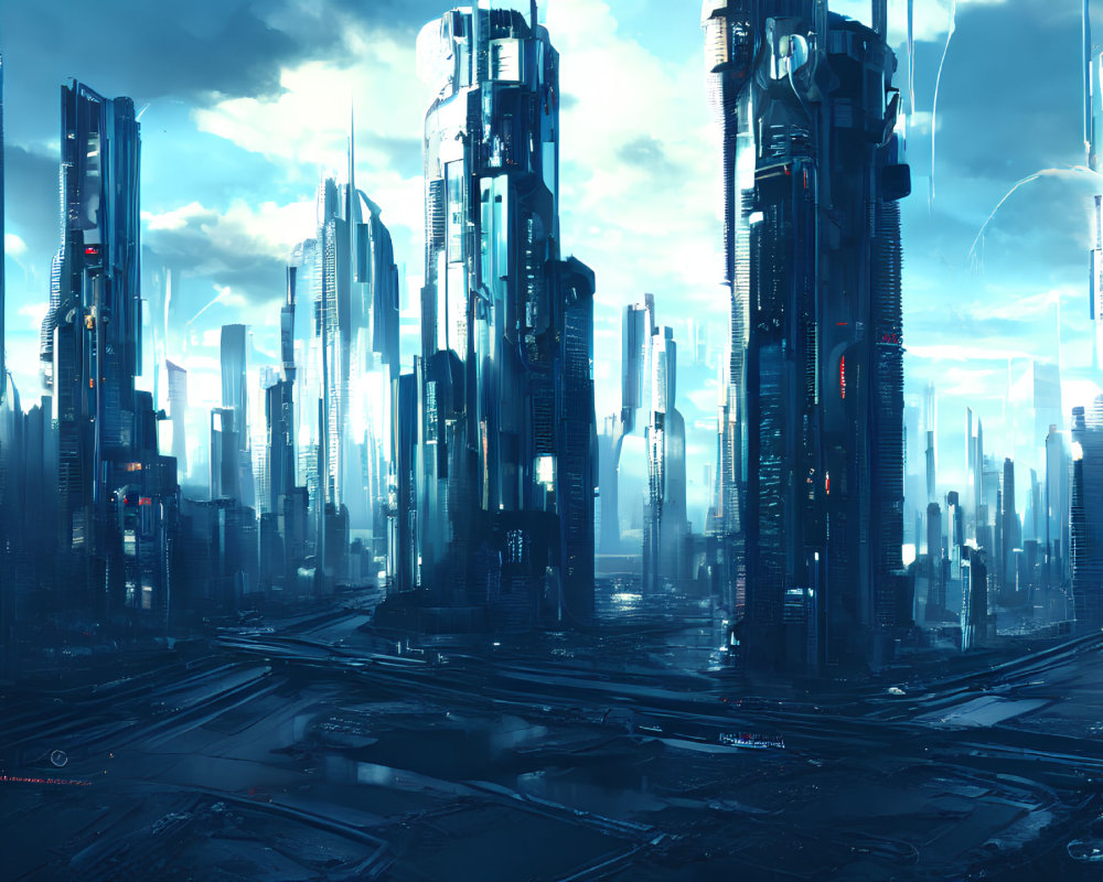 Futuristic cityscape with towering skyscrapers and glowing lights