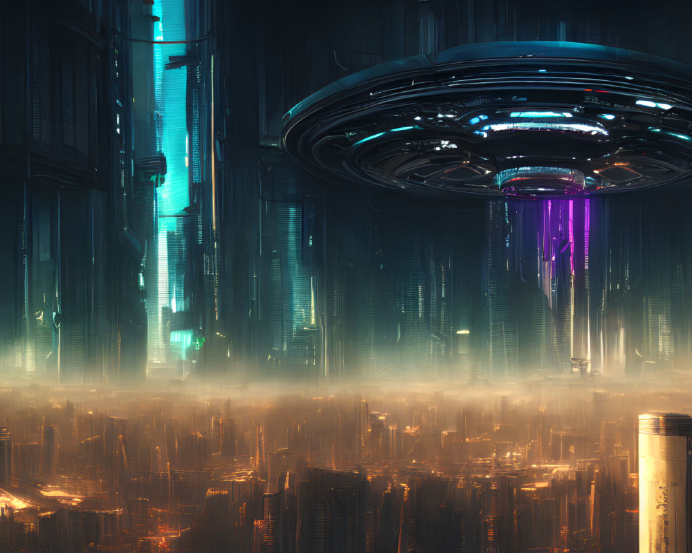 Futuristic cityscape with mist, skyscrapers, and UFO amidst neon lights