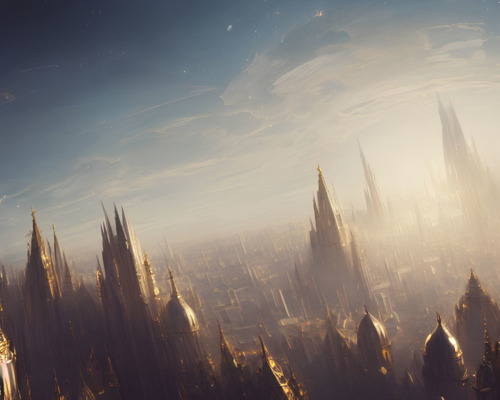 Futuristic cityscape with towering spires at dusk