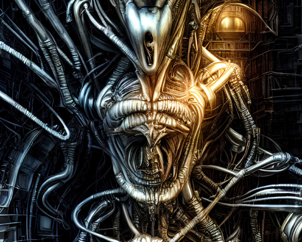 Detailed artwork: Alien with glossy exoskeleton in mechanical backdrop