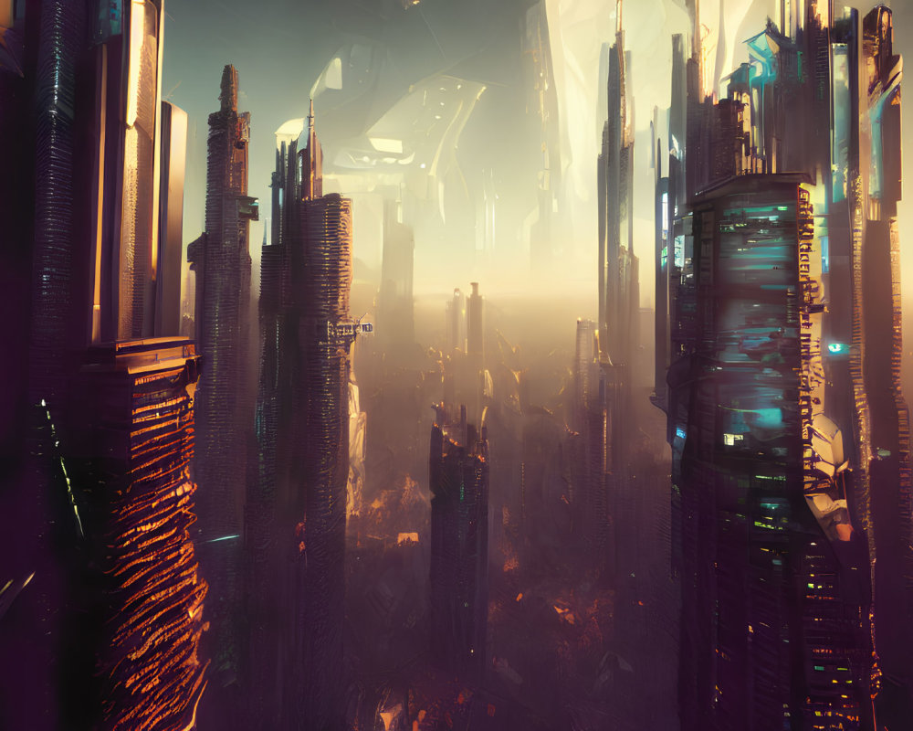 Futuristic cityscape with golden sunset light and advanced architecture