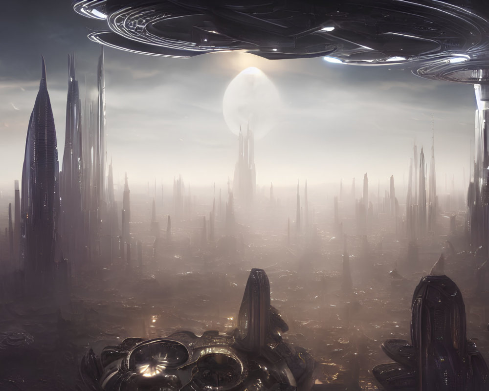 Futuristic cityscape with towering spires and hovering structure
