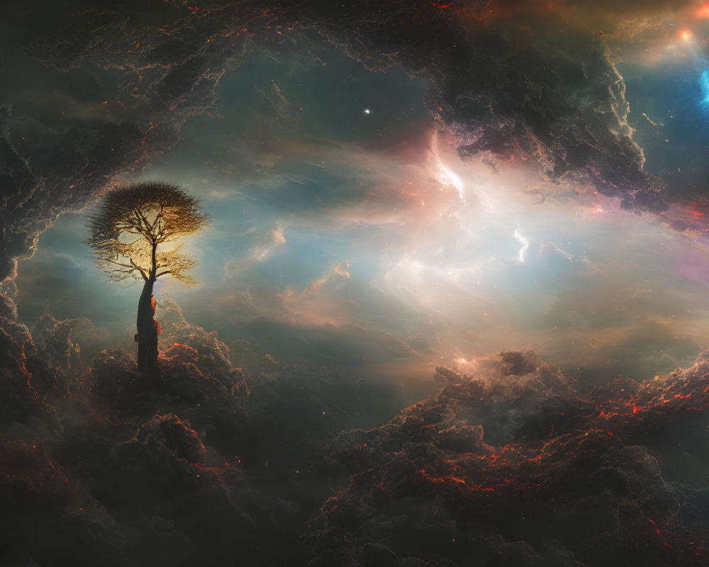 Solitary tree on cloud-covered peak under vibrant cosmic sky