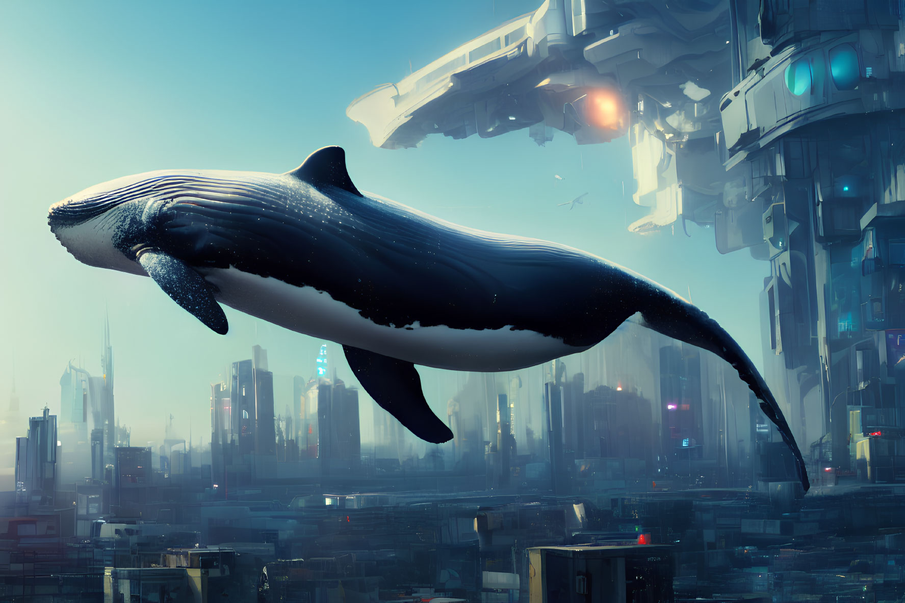 Gigantic whale above futuristic cityscape with tall buildings and flying vehicles