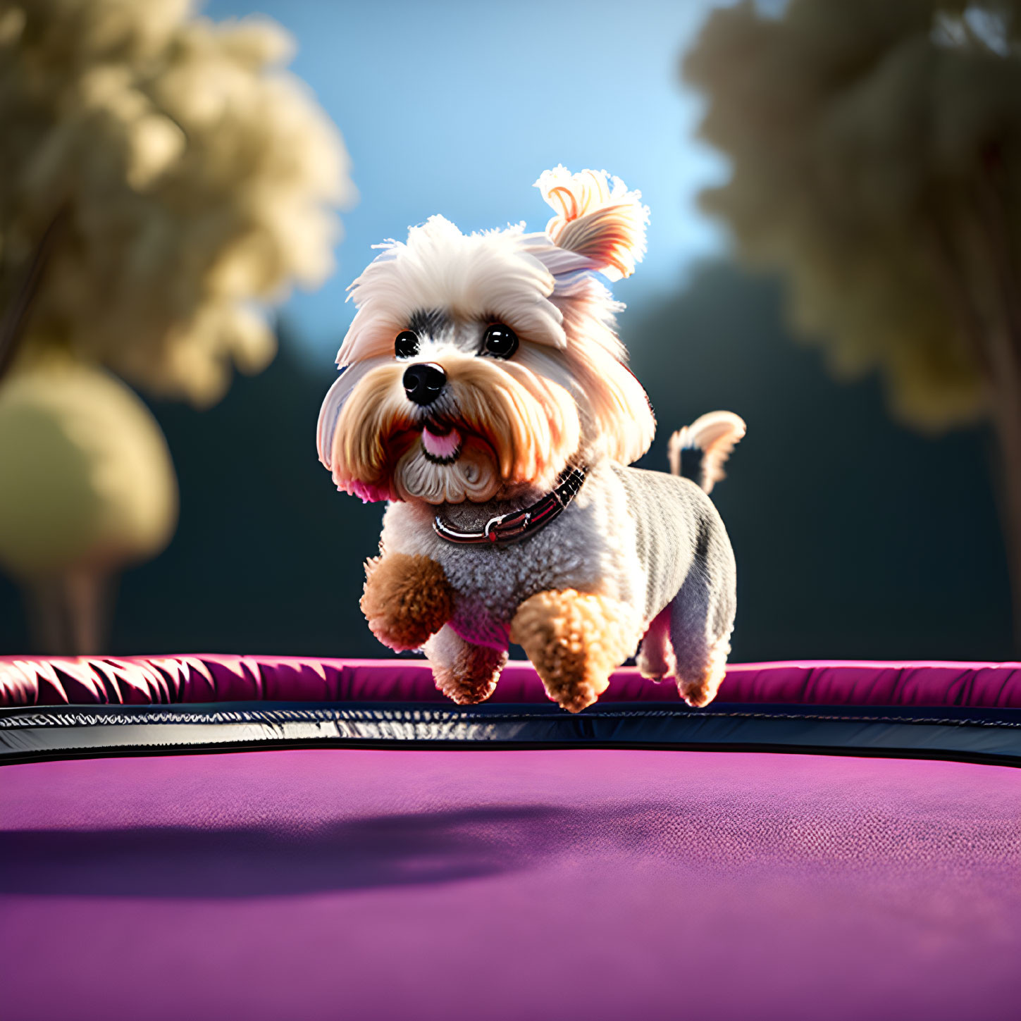 Fluffy small dog with bow on head on purple trampoline at twilight