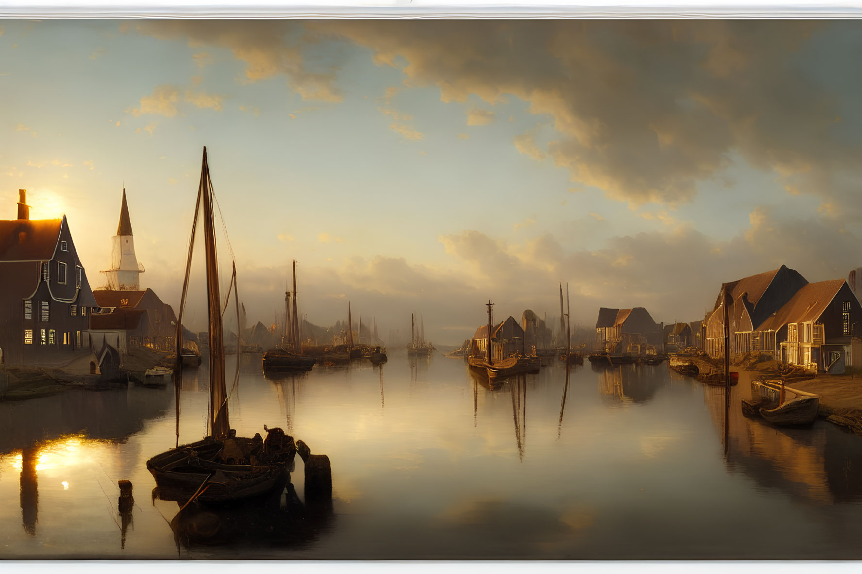Tranquil coastal village sunset with boats, traditional houses, and calm water
