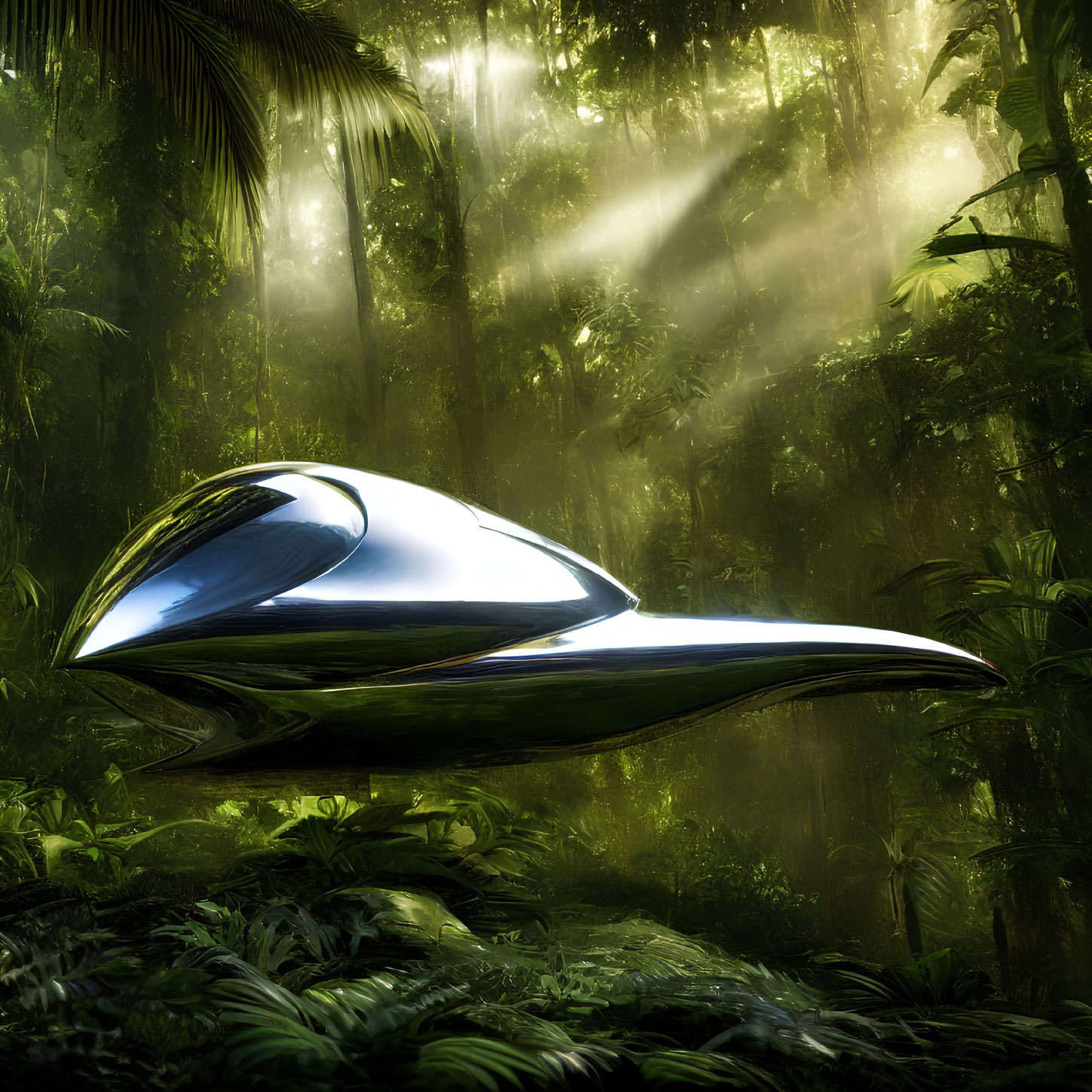 Futuristic hovering vehicle in misty jungle with sunlight rays