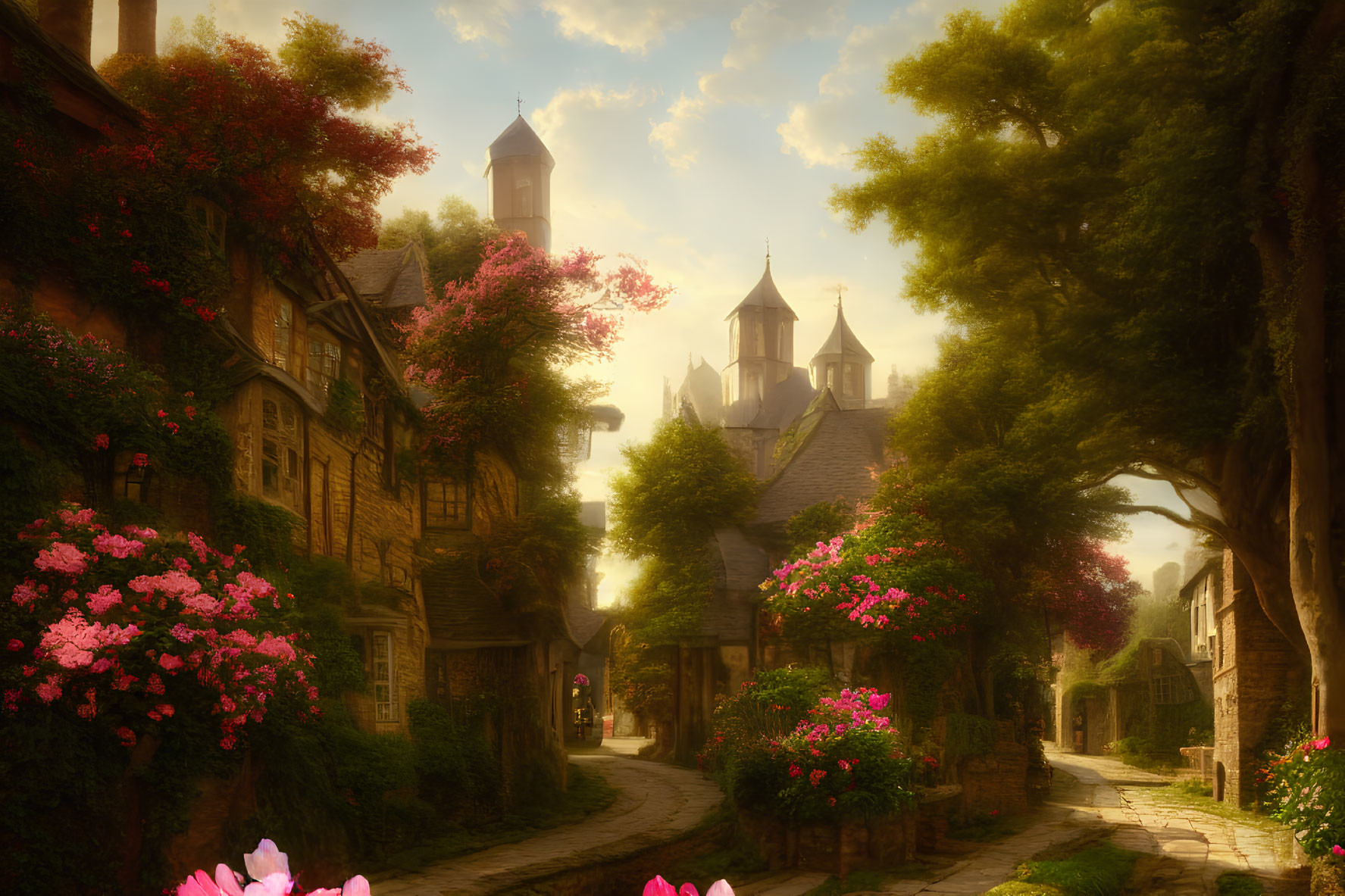Tranquil cobblestone street with ivy-covered houses and blooming flowers