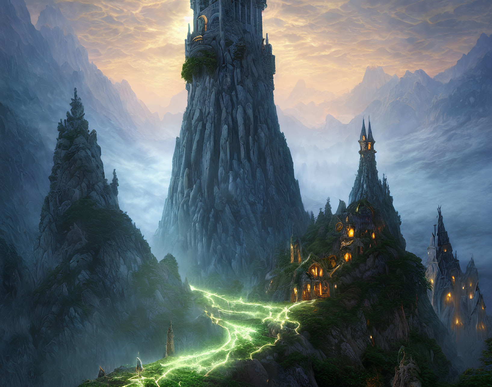 Mystical landscape with towering spire and fairy-tale structures surrounded by glowing paths.