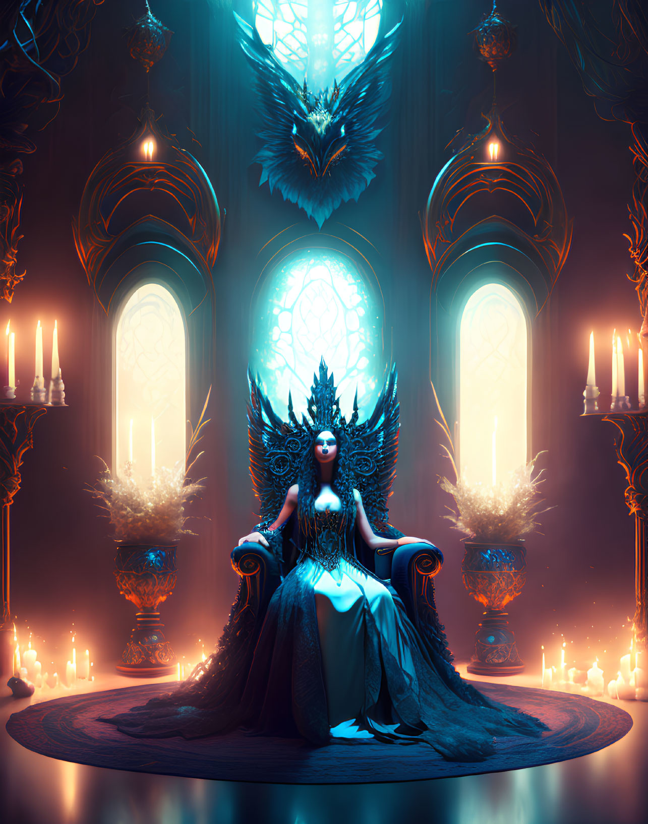 Majestic figure with dark wings on throne in gothic hall with candles