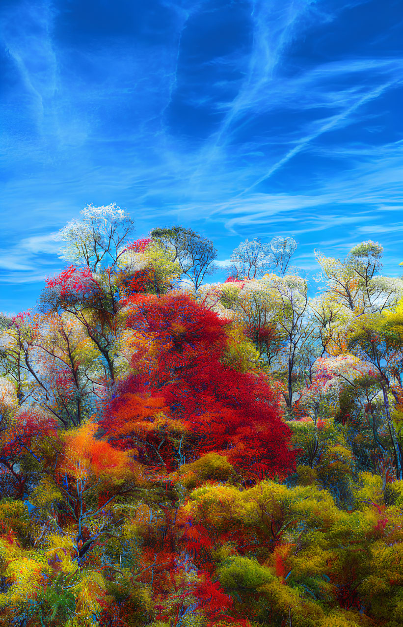 Colorful Autumn Trees Against Blue Sky with Clouds