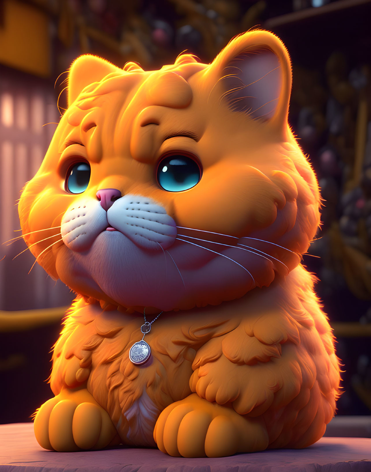 Chubby animated cat with orange fur and sad expression on blurred background