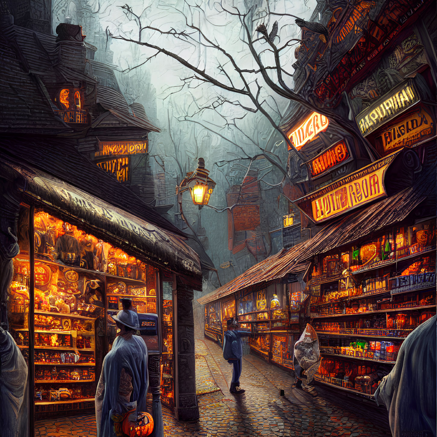 Detailed illustration of old-fashioned street at dusk with colorful shop signs, pedestrians, pumpkins, and bare