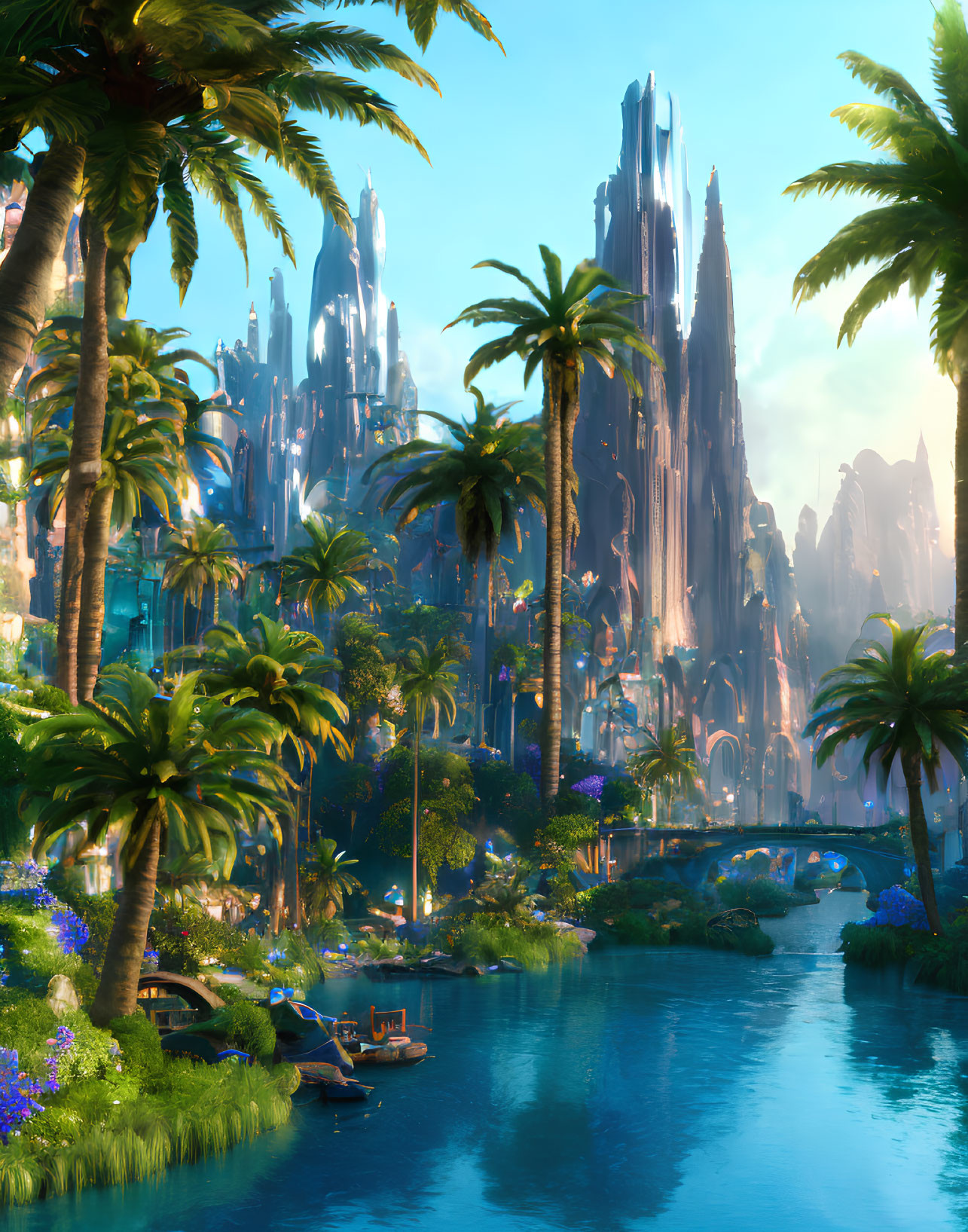 Fantastical landscape with lush greenery, palm trees, serene river, and crystal-like spires