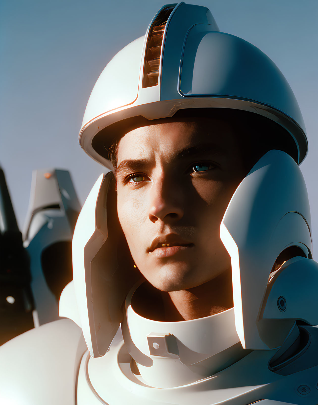 Person in White Futuristic Helmet with Sunlight Shadows