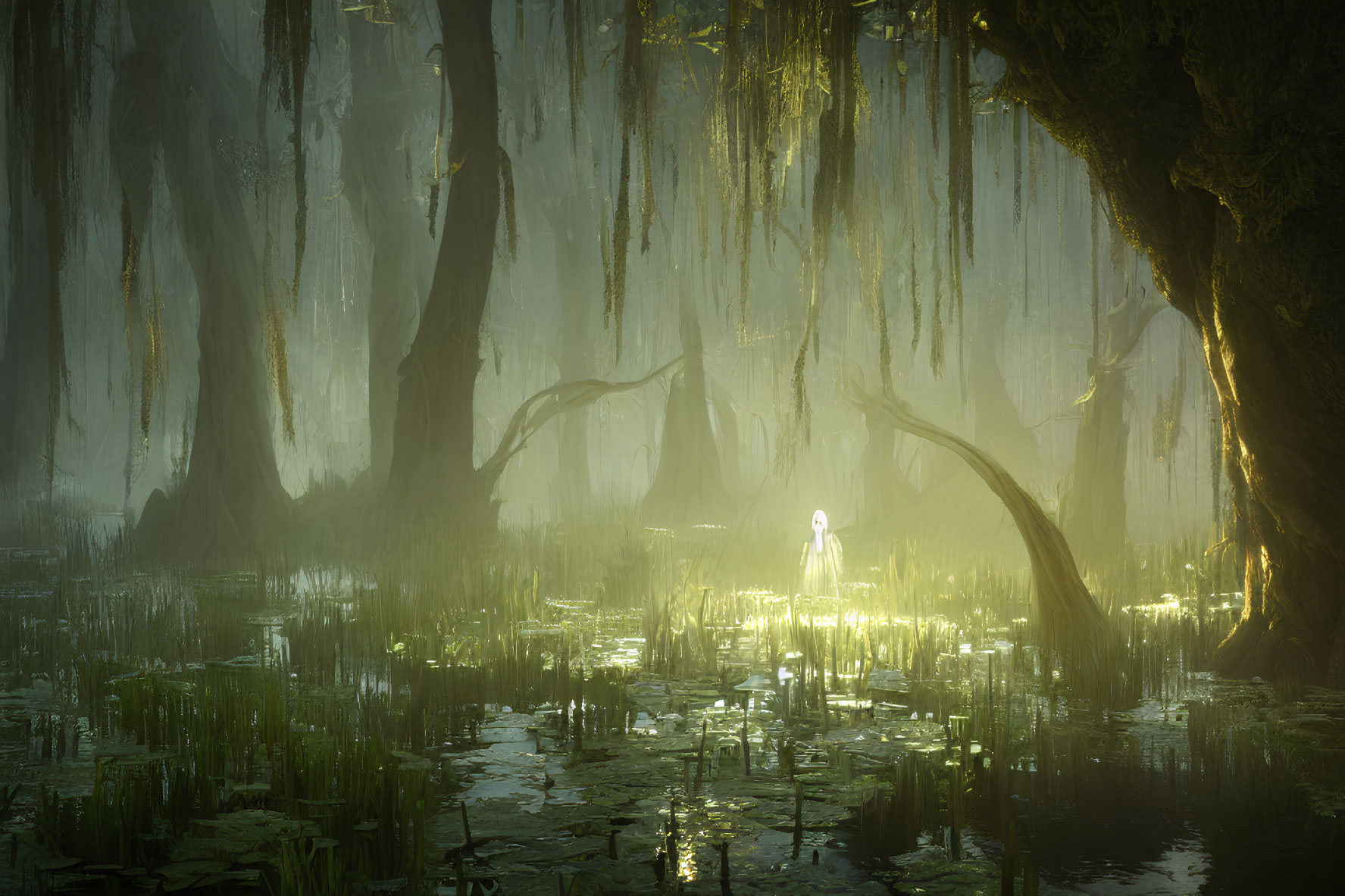 Enchanting forest scene with tall trees, moss, pond, and figure in soft light