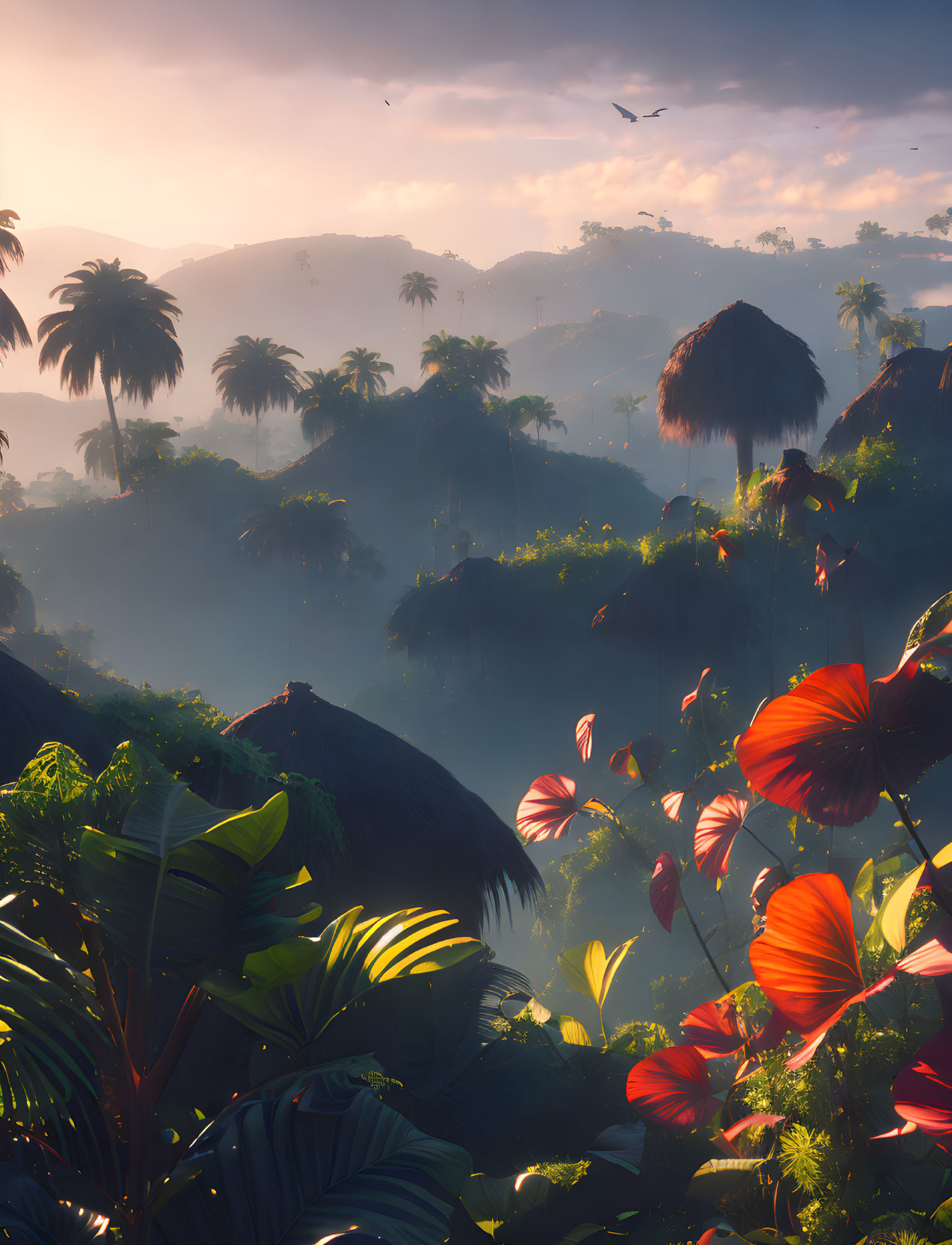 Tropical landscape with vibrant foliage, thatched huts, misty hills, and birds in sunrise