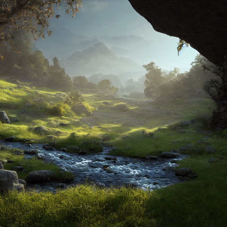 Tranquil landscape with babbling brook and lush greenery viewed from cave shadow