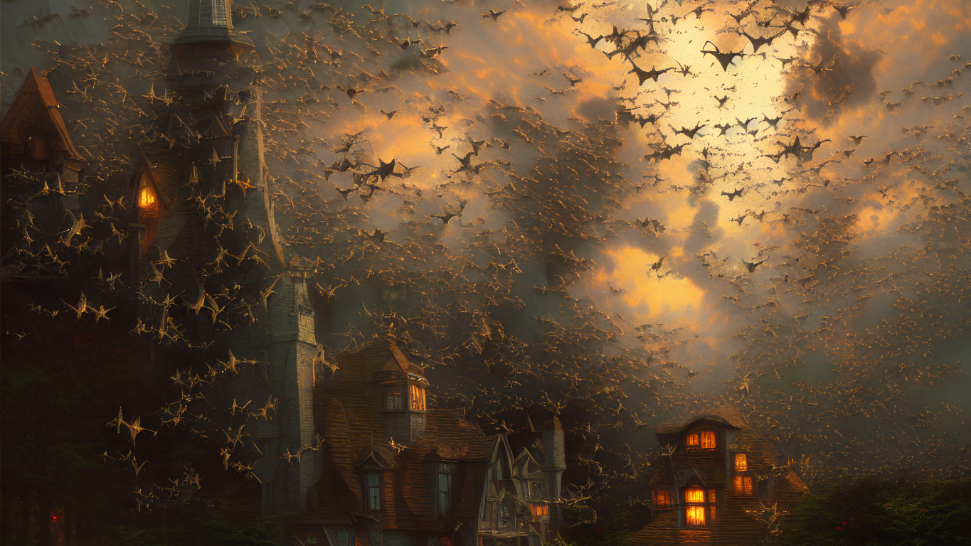 Mystical sunset scene with birds flying around grand old house