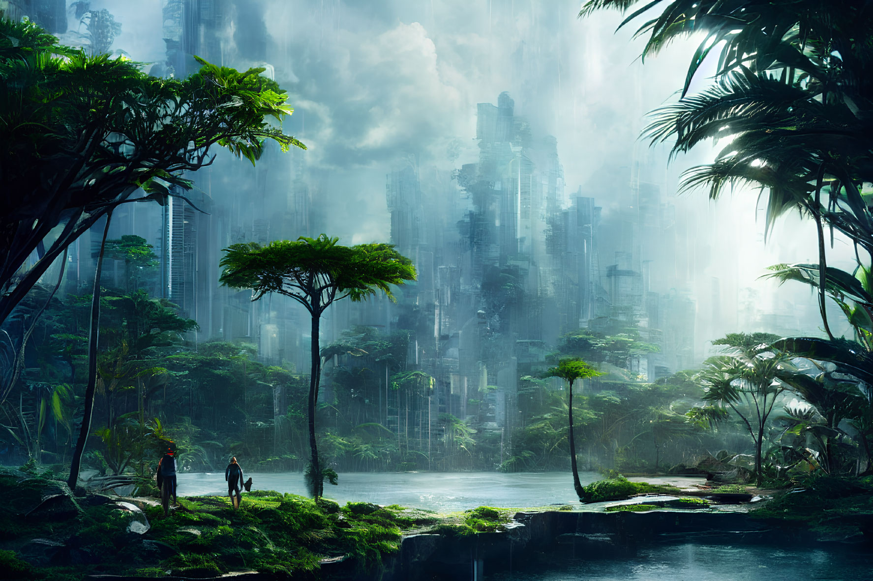 Futuristic cityscape backdrop with lush greenery, misty ambiance, figures near serene water.