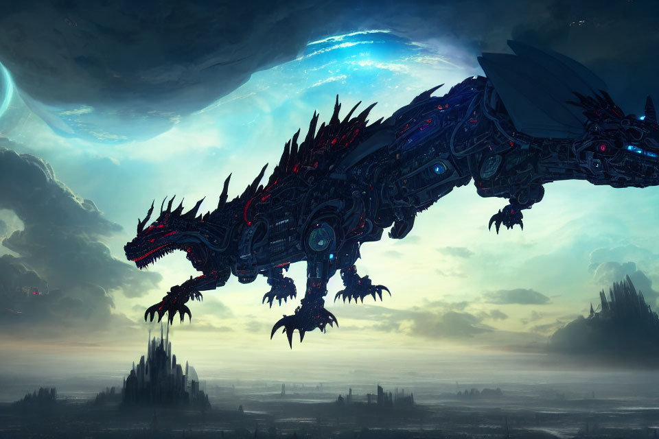 Mechanical dragon flying over futuristic landscape with nebula and celestial bodies.