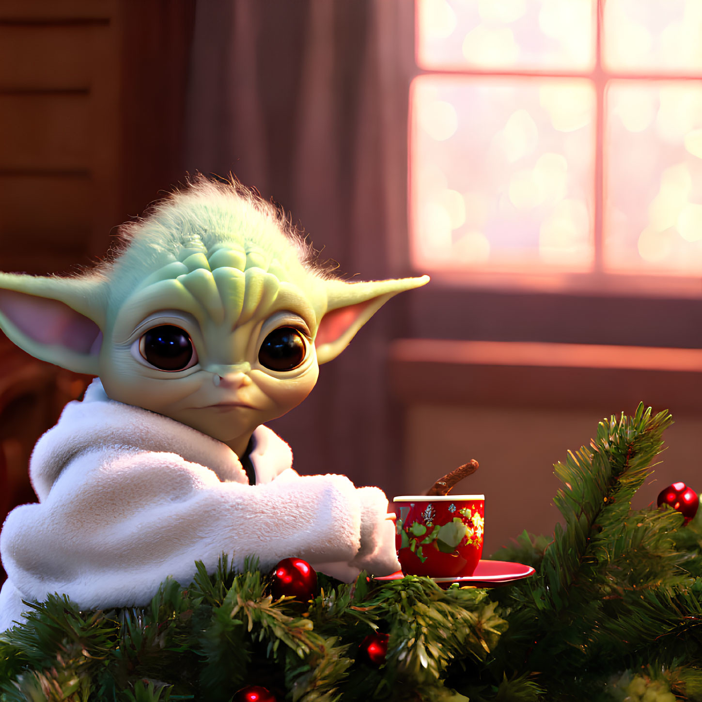 Adorable Baby Yoda with cookie and mug in festive setting