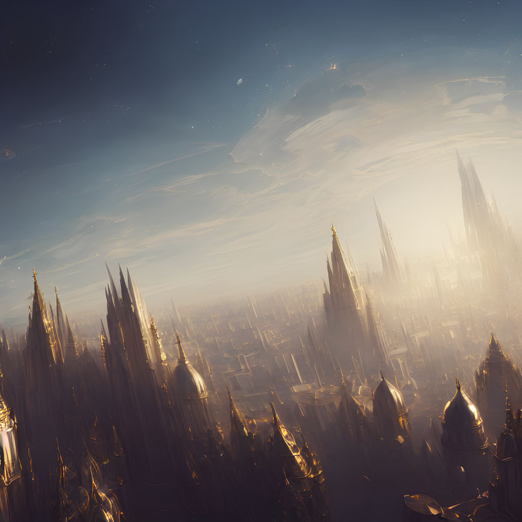 Futuristic cityscape with towering spires at dusk