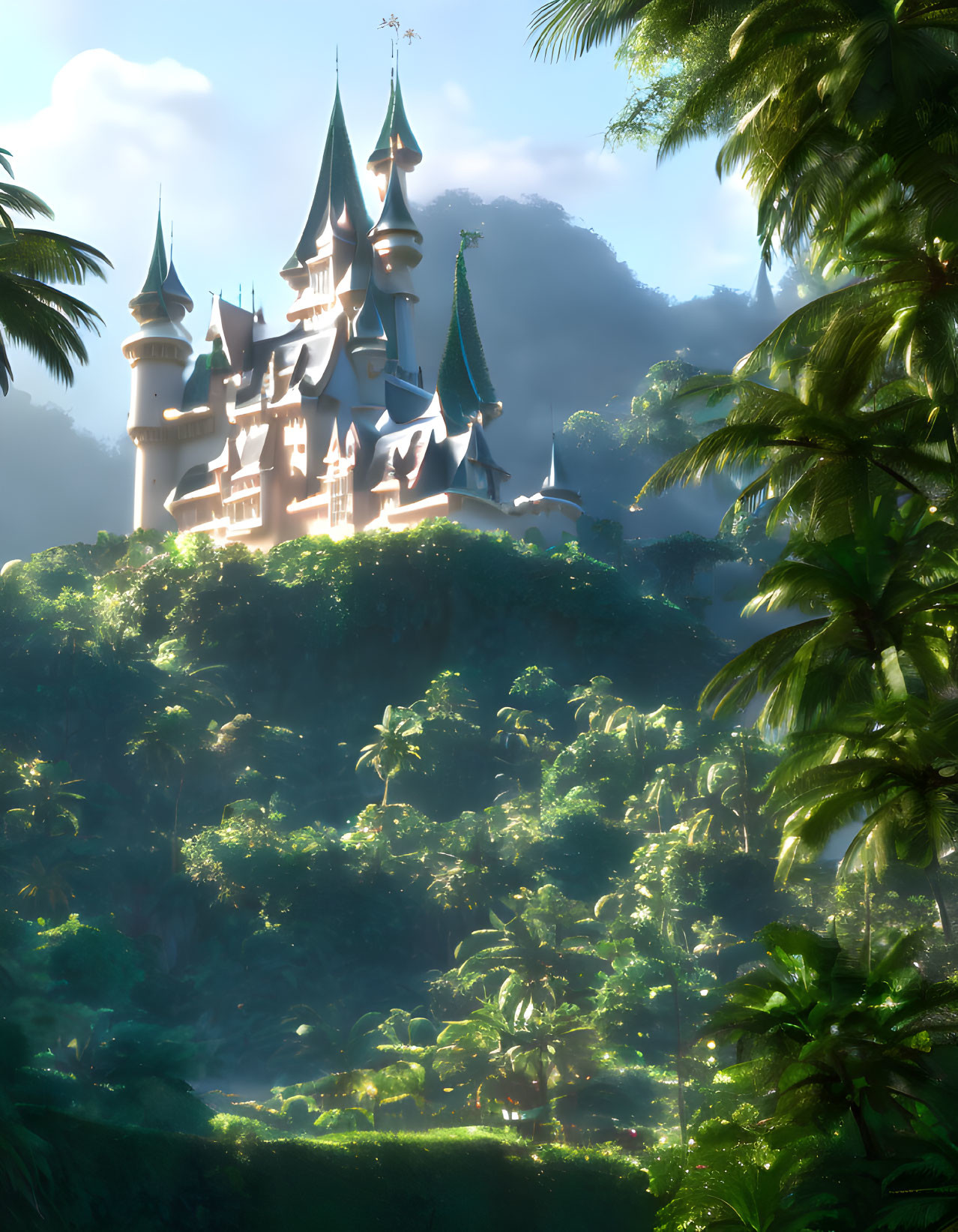 Majestic castle with spires in lush forest with palm trees