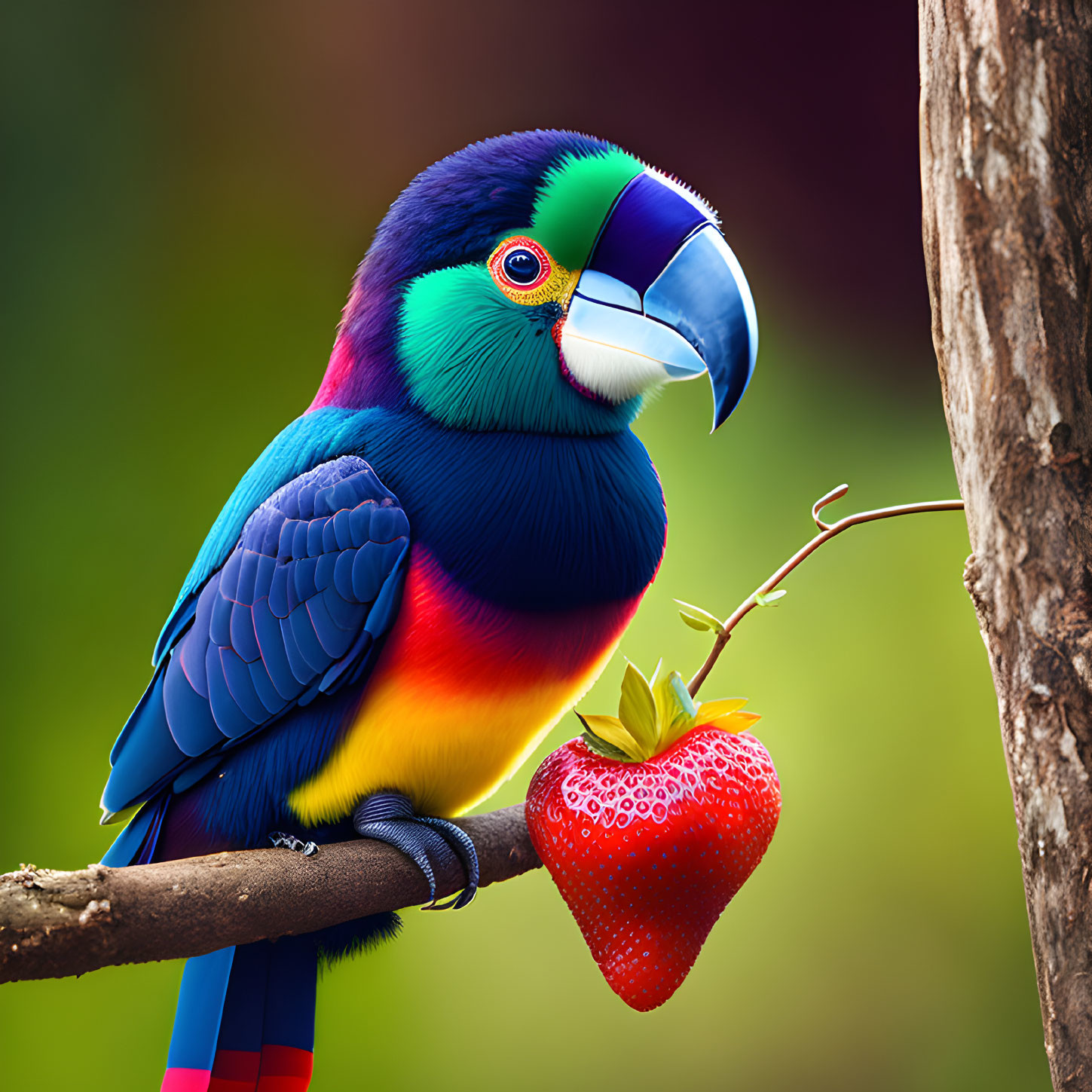 Colorful Parrot with Strawberry Perched on Branch