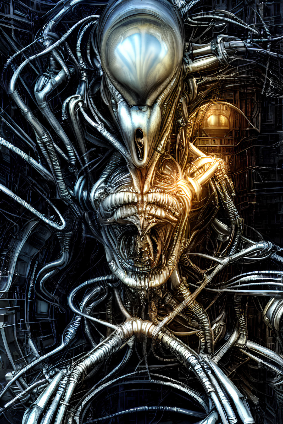 Detailed artwork: Alien with glossy exoskeleton in mechanical backdrop