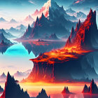 Alien landscape with mountains, waterfalls, and lava under distant planets