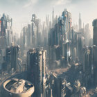 Futuristic cityscape with towering skyscrapers in golden sunlight