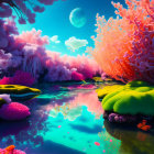 Colorful surreal landscape with neon-pink trees, blue river, and coral-like formations