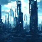 Futuristic cityscape at dusk with towering domed buildings