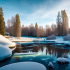 Tranquil winter landscape with snow-covered trees, serene lake, and delicate ice formations