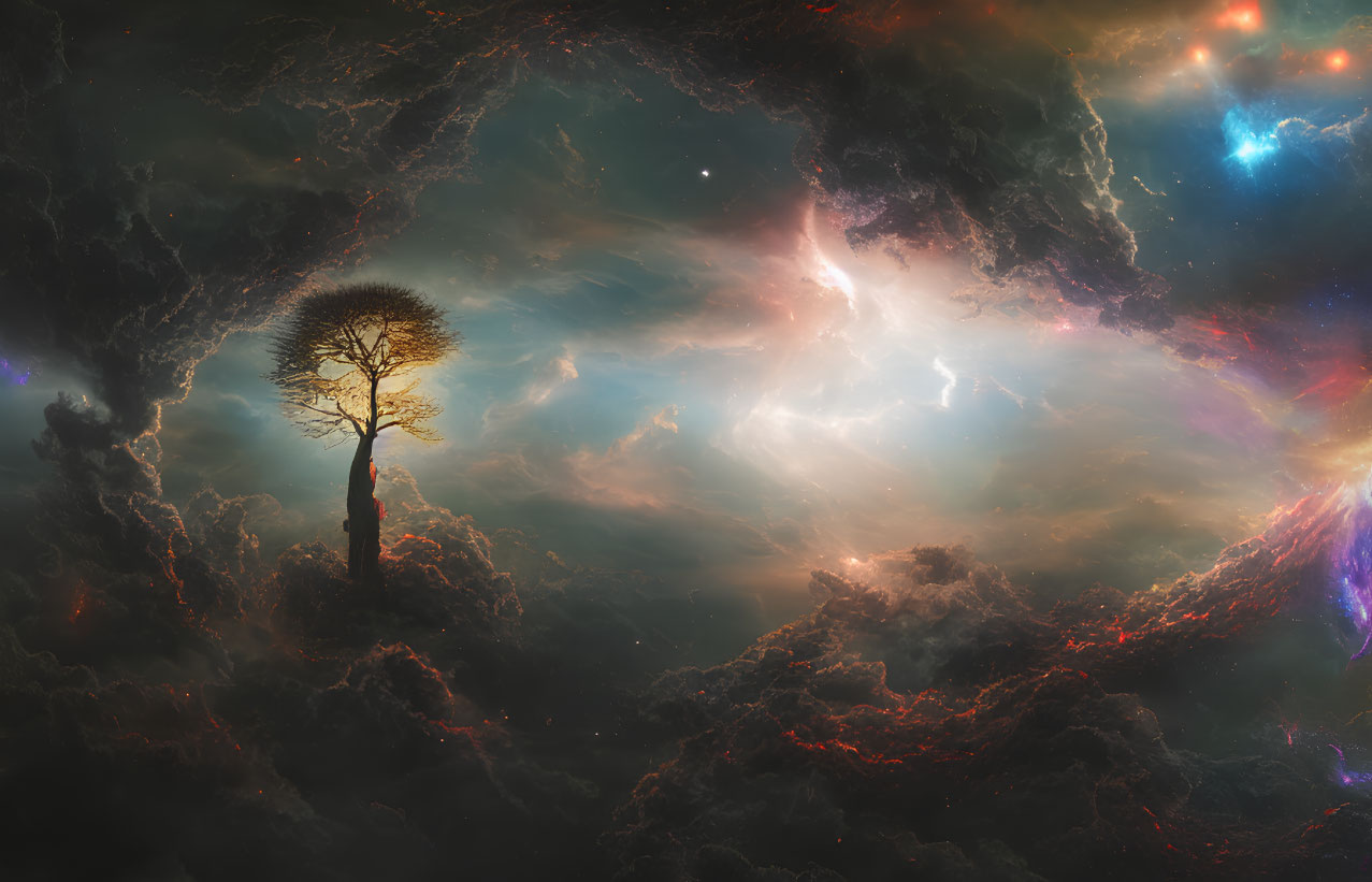 Solitary tree on cloud-covered peak under vibrant cosmic sky