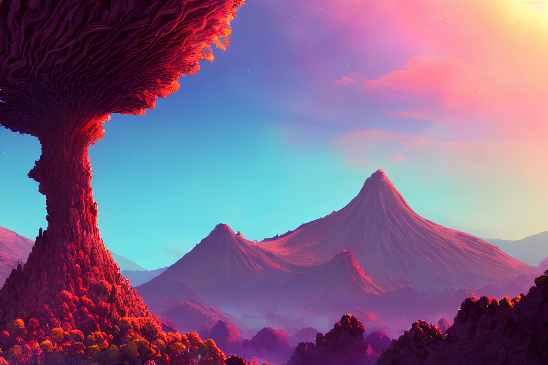 Alien landscape with colossal tree and twin volcanic peaks at twilight