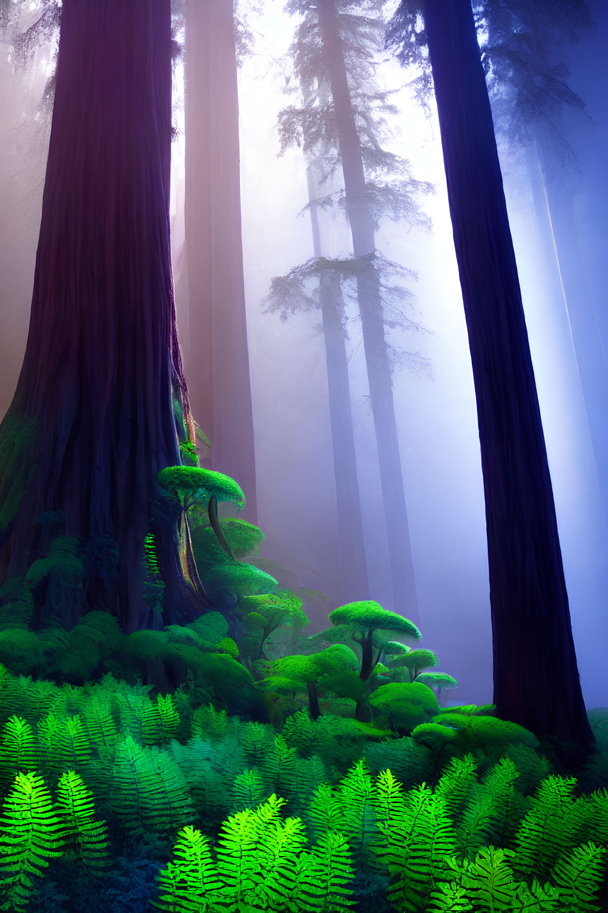 Mystical forest with towering trees and ethereal fog