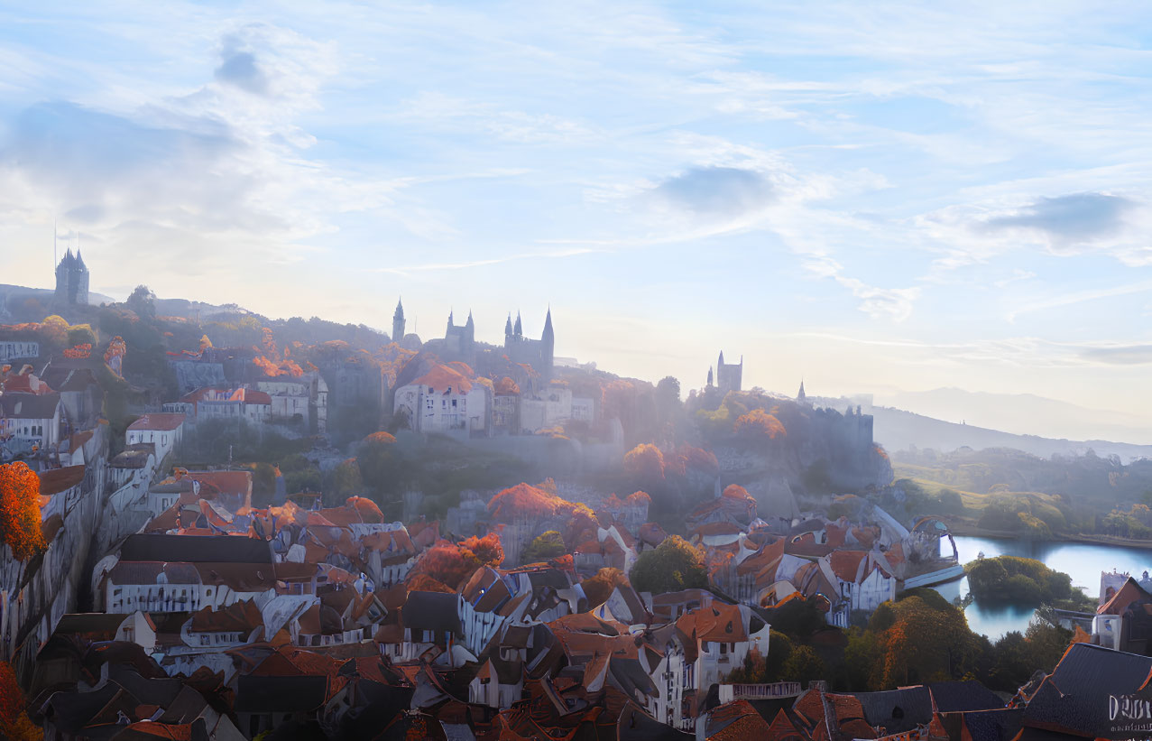 Historic town sunrise panorama with autumn foliage and traditional architecture