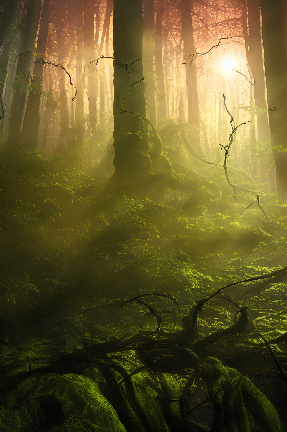 Misty green forest with sunlight filtering through