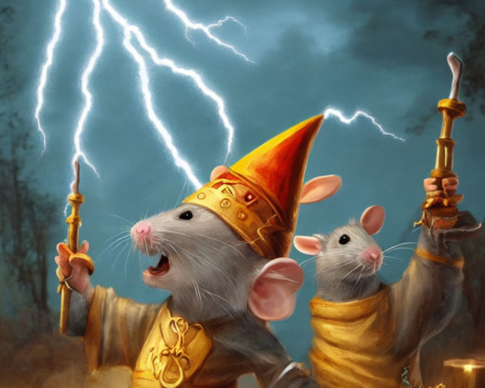 Medieval-themed anthropomorphic mice with staff under stormy sky