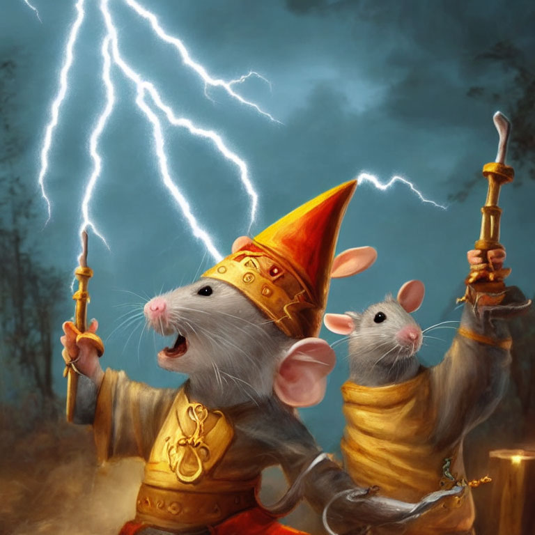 Medieval-themed anthropomorphic mice with staff under stormy sky