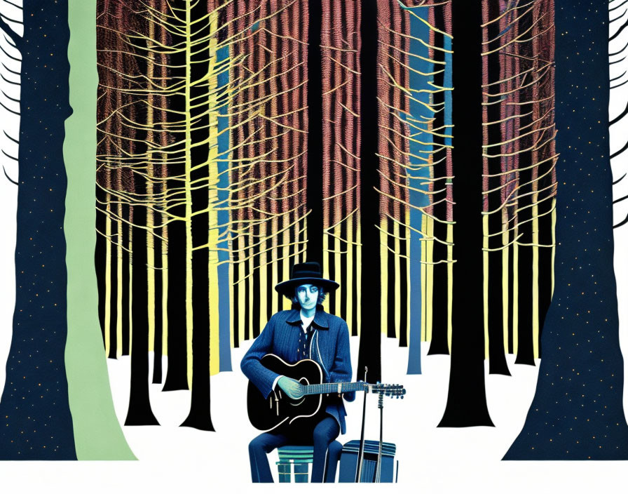 Illustration of person in hat playing guitar in fantastical forest