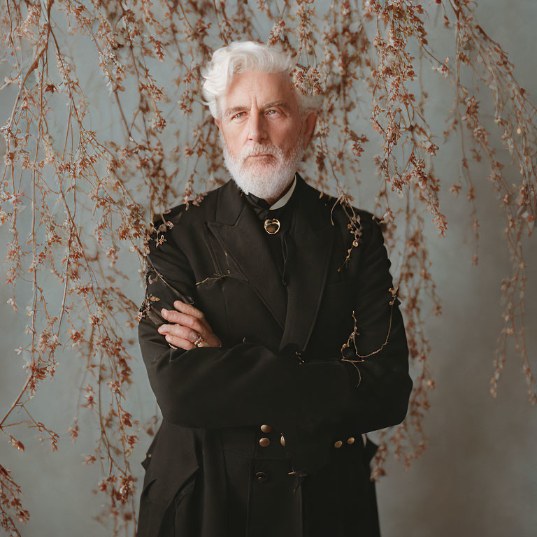 Elderly man with white hair and beard in black coat against floral backdrop