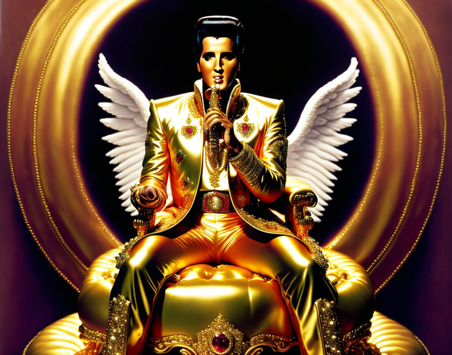 Elvis Presley portrayed as an angel on golden throne